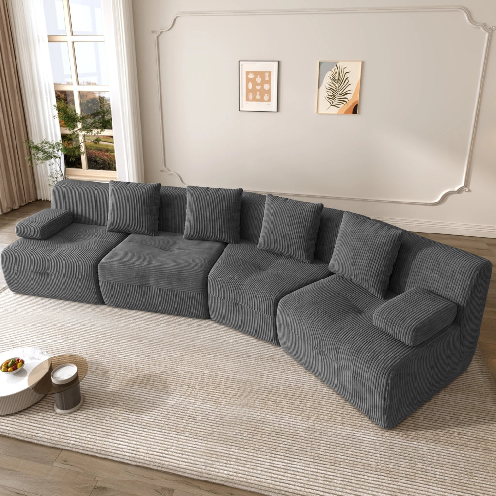 Divano modulare 4 posti in tessuto corduroy grigio scuro; 311 x 90 x 65 cm