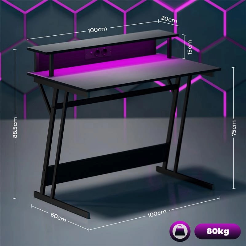 SCRIVANIA GAMING CON LUCI LED E SUPPORTO PER MONITOR IN TRUCIOLATO E ACCIAIO 100X60X88.5 CM NERO