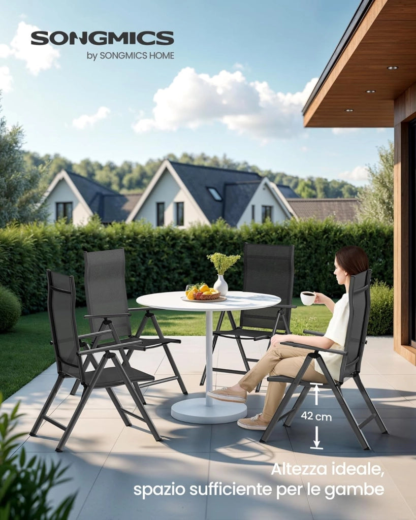 SONGMICS GCB30BK - Sedia da giardino, pieghevole, set da 4, con telaio in metallo, schienale regolabile in 8 posizioni, capacità di carico 150 kg, colore: nero