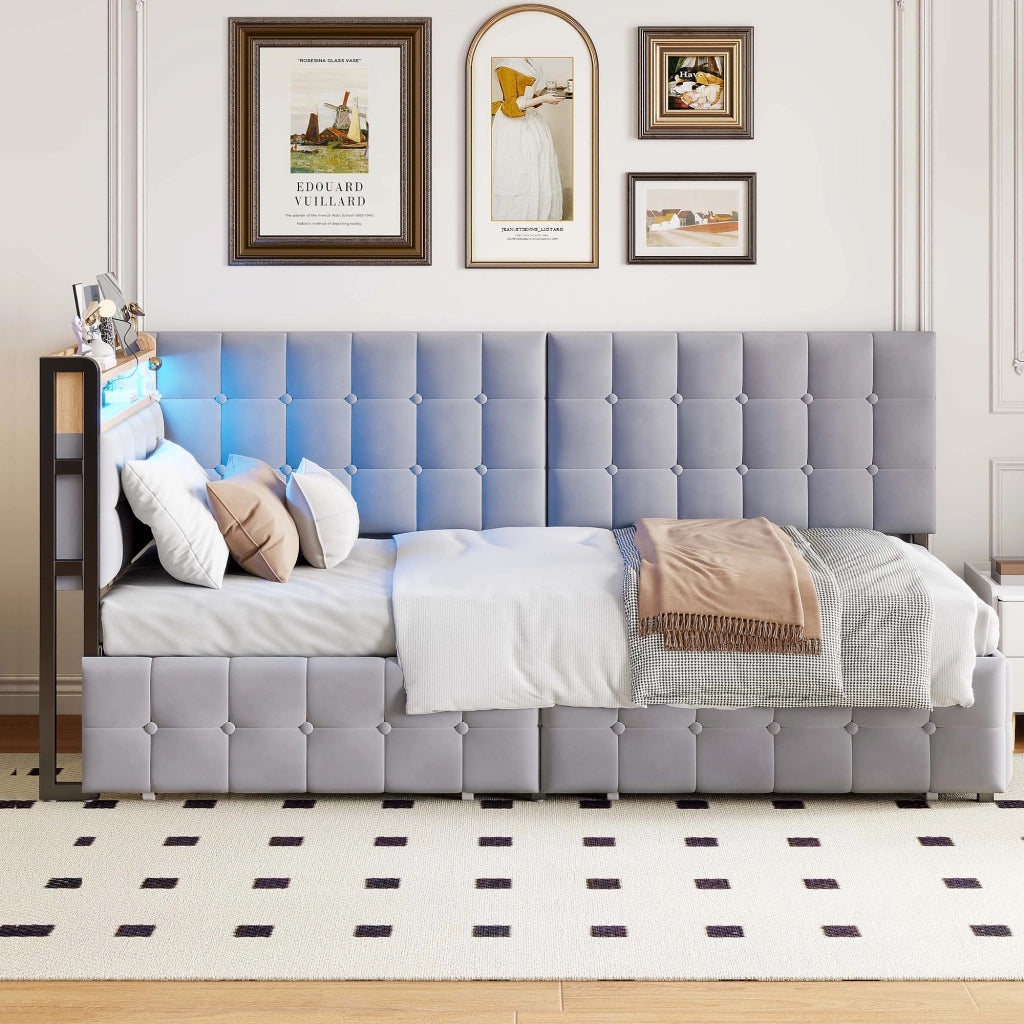 OKWISH Letto Divano 90×200 cm, Letto Singolo con 2 Cassetti, LED Regolabile e USB e Tipo C, senza Materasso, in Tessuto, Grigio