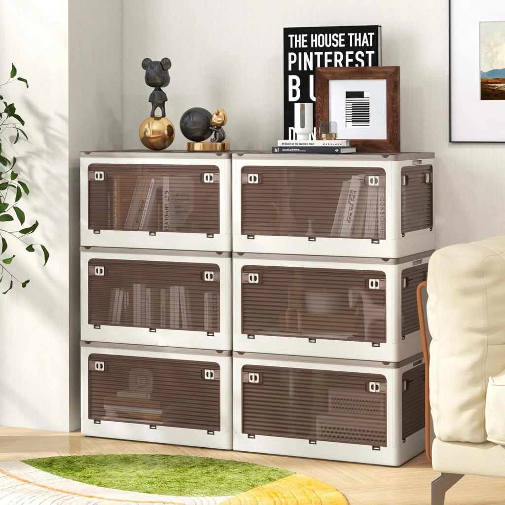 Contenitore in Plastica a 3 Strati e 5 Ante 132 L, Armadio Organizer Trasparente Pieghevole con Ruote Grande Capacità，Adatto a Camera da Letto, Ingresso, Cucina