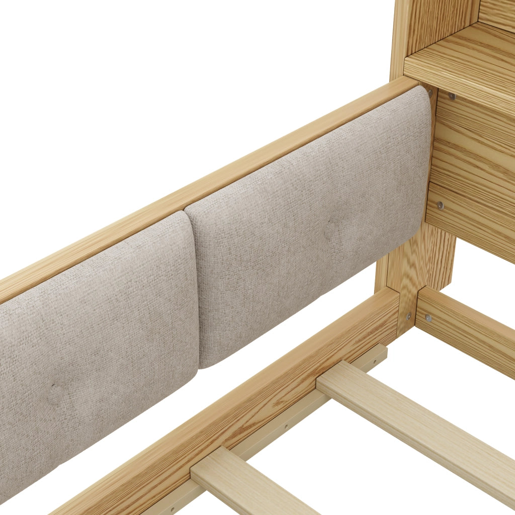 Letto con Sponda 140 x 200 cm - LED; Testiera con Contenitore - in Legno e Peluche - Naturale