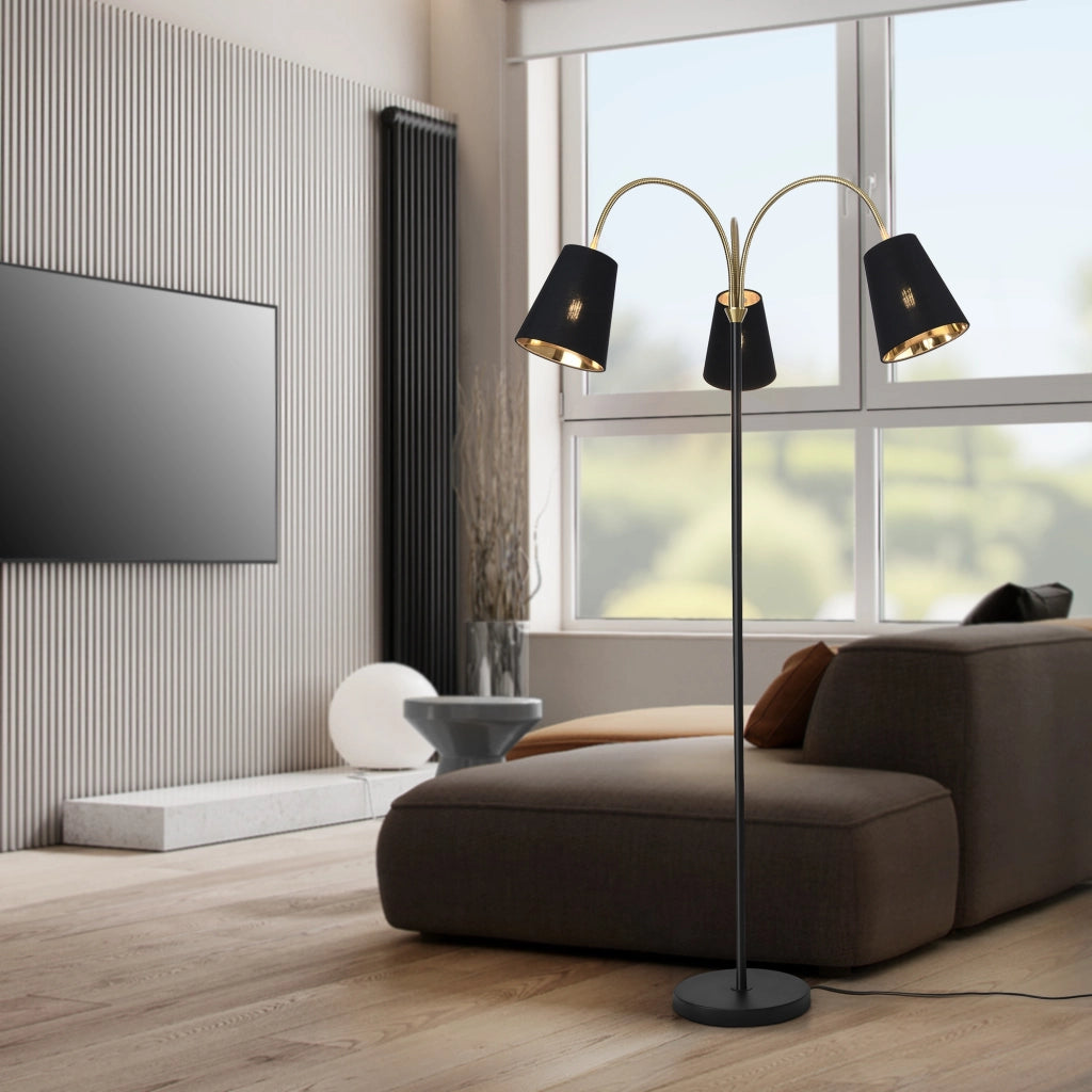 Lampada da Terra Wycombe Bracci Flessibili e 3 Paralumi Conici - Nero / Dorato lux.pro