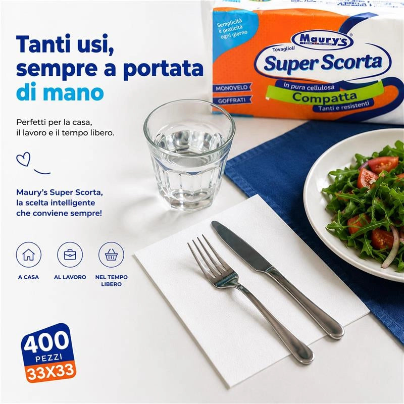 MAURY'S SET 10CF DA 400PZ TOVAGLIOLI IN PURA CELLULOSA COMPATTA MONOVELO, GOFFRATI 33X33 CM