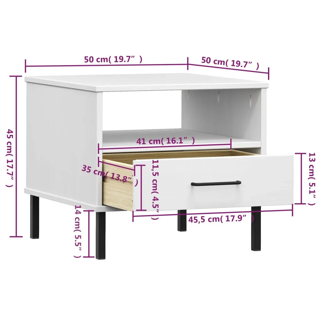 Comodino | Armadio da Notte | Mobiletto da notte con Gambe in Metallo Bianco Legno Massello Pino OSLO