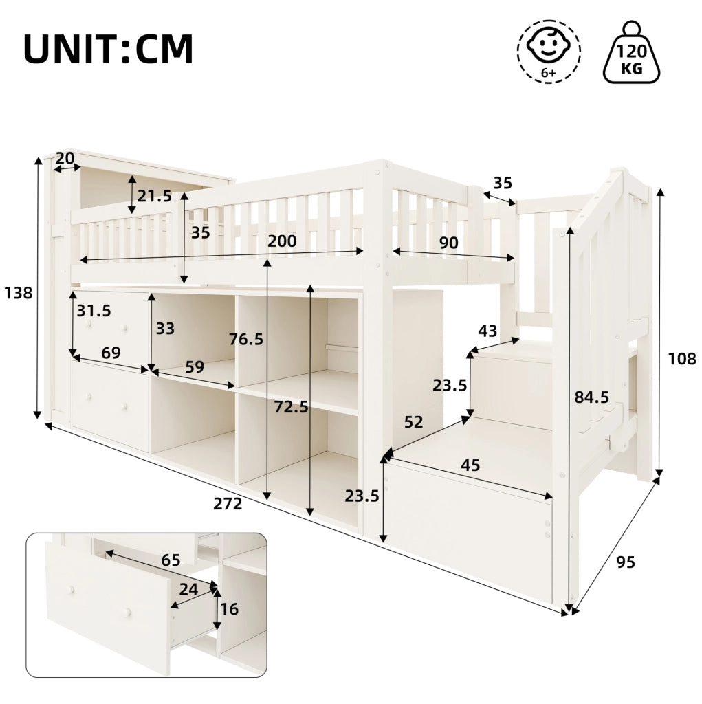 Letto a soppalco 90x200 cm con cassetti; vani portaoggetti; scala-armadio; LED; USB; bianco