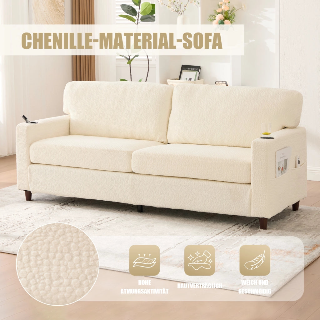 DIVANO 2 posti 203 cm Chenille beige con USB-C, LED, tasche e portabicchieri