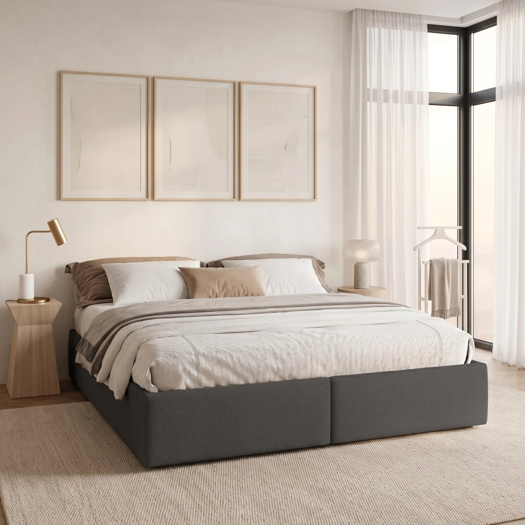 Letto matrimoniale contenitore 160x200 cm con vano idraulico e 2 cassetti rete a doghe senza testiera in lino grigio