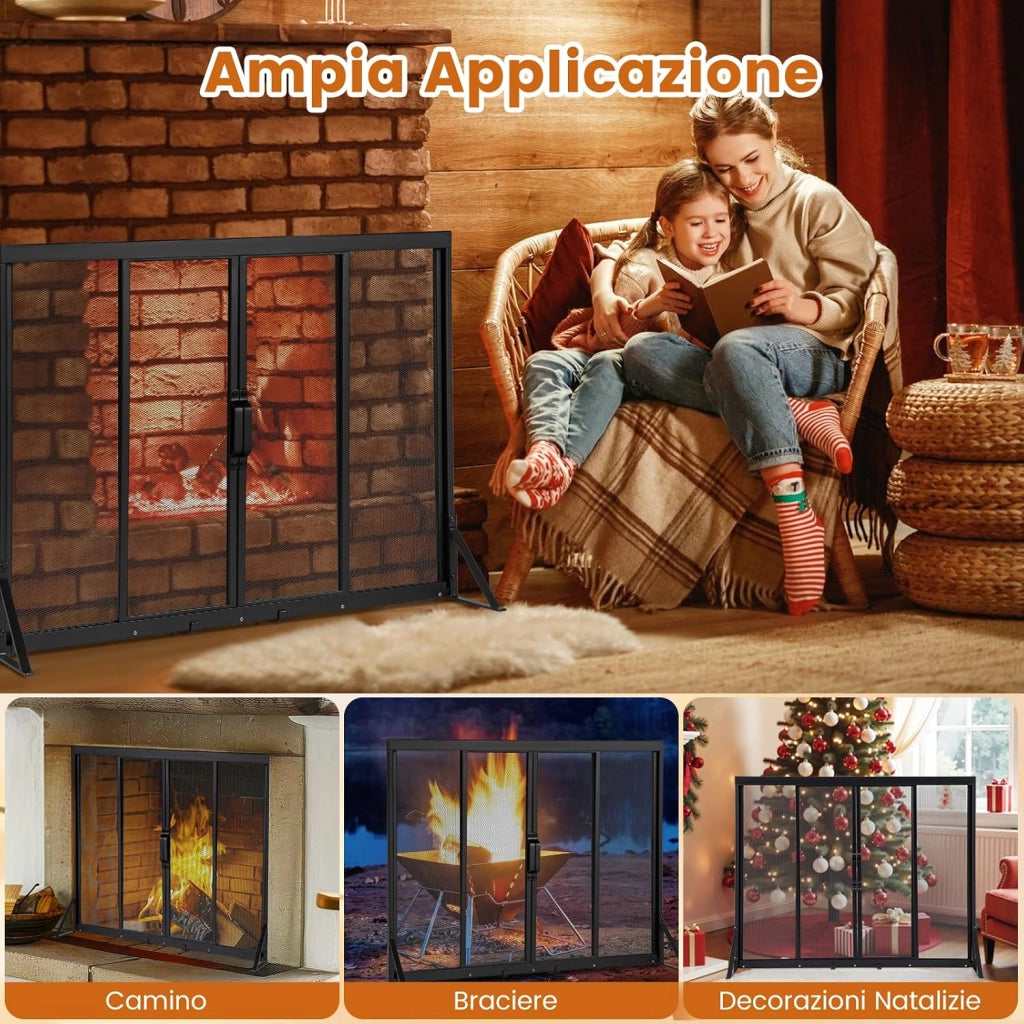 Griglia Parascintille Camino con 2 Pannelli Scorrevoli, Maniglie Convenienti e Telai di Supporto a Triangolo, Ventilazione Eccellente, Schermo per Camino in Rete Metallica (89 x 72 cm)