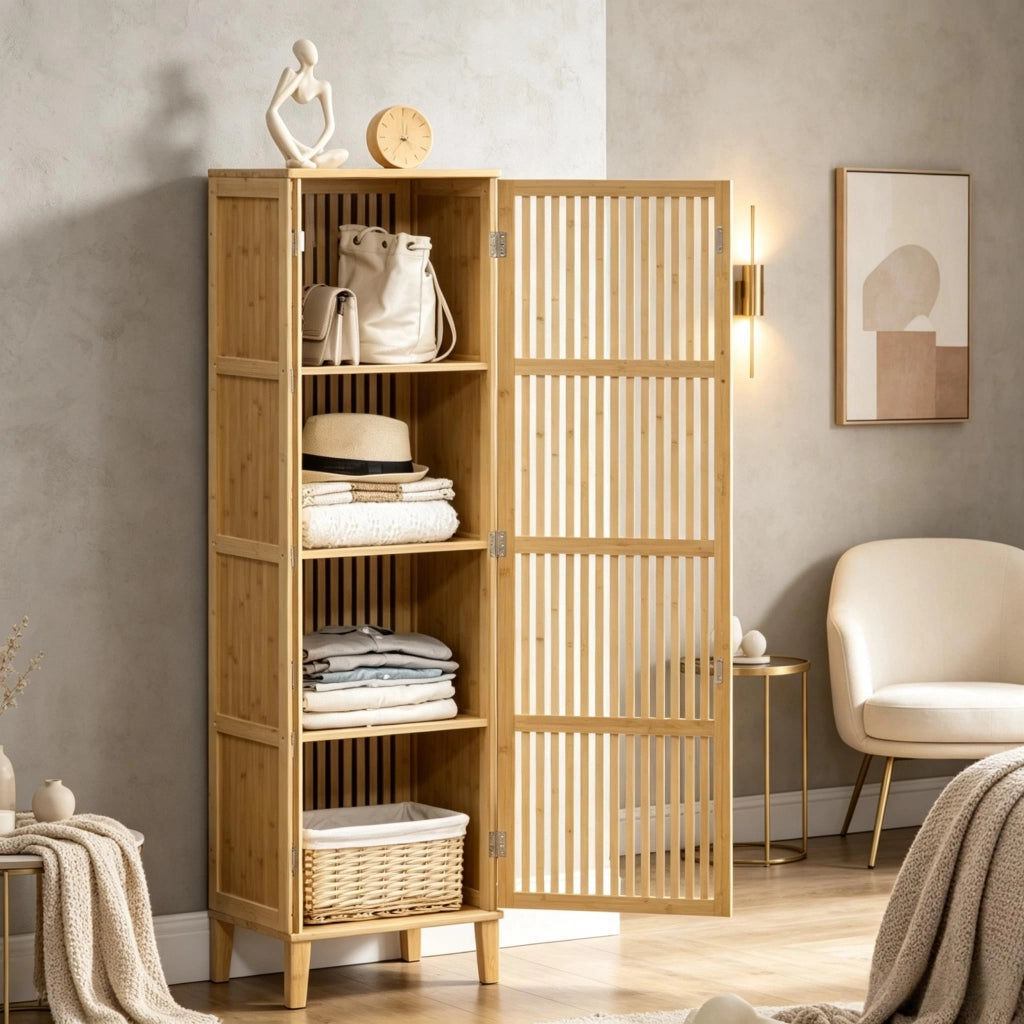 ARMADIO Portaoggetti in Bambù 40x30x140 cm Naturale con 4 ripiani