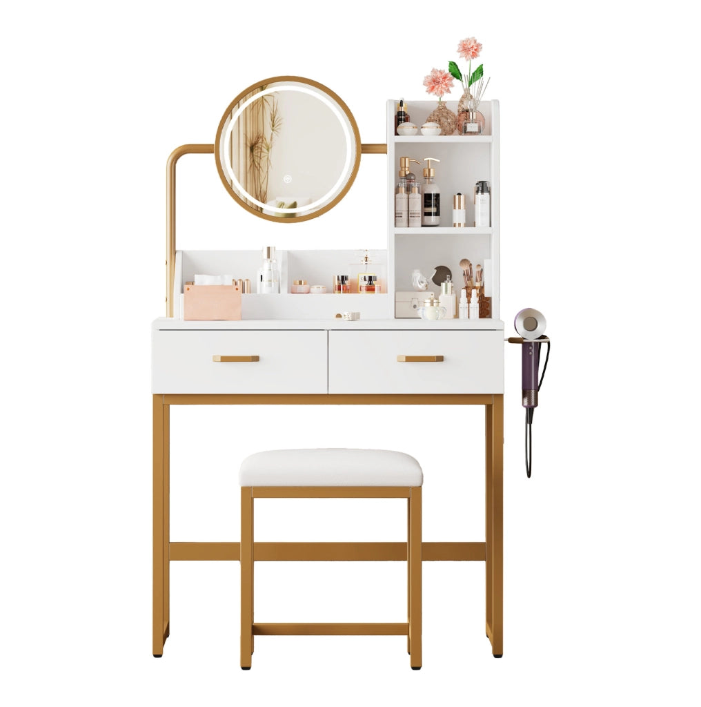 Toeletta con specchio LED; prese e USB; portaphon; 80 x 40 x 138;5 cm; bianco e oro