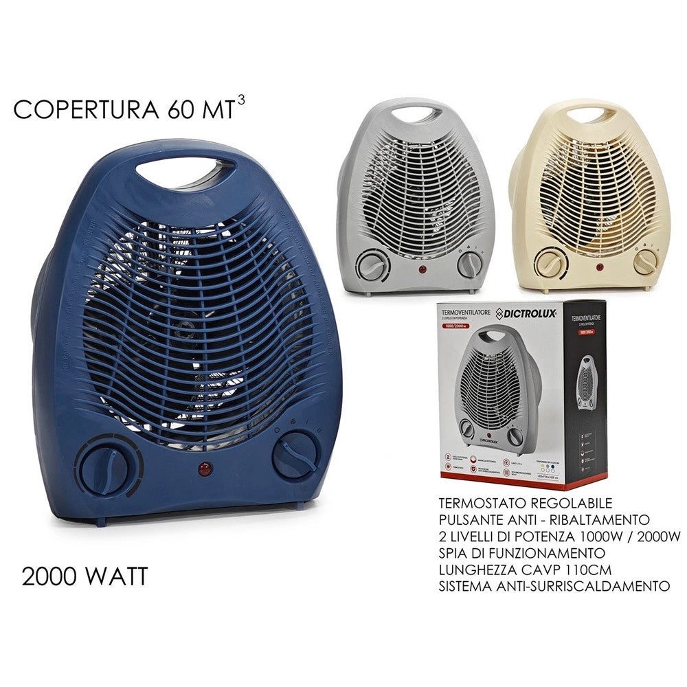 Trade Shop - Termoventilatore 2000w 2 Livelli Potenza Termostato Regolabile Sistema Antisurriscaldamento -