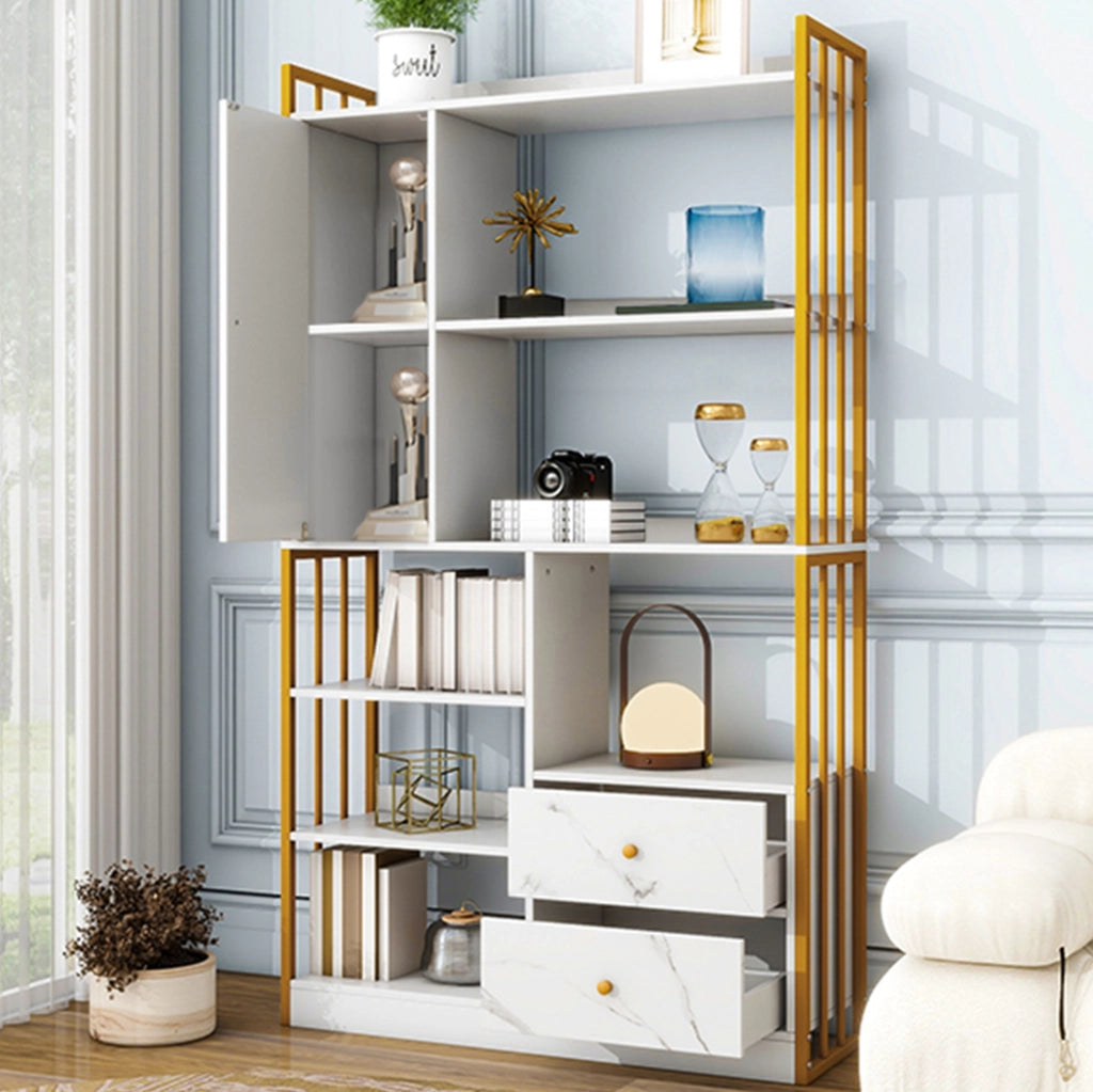 Libreria a 6 ripiani con ante e cassetti; 100 x 30 x 173;5 cm; truciolare bianco e oro