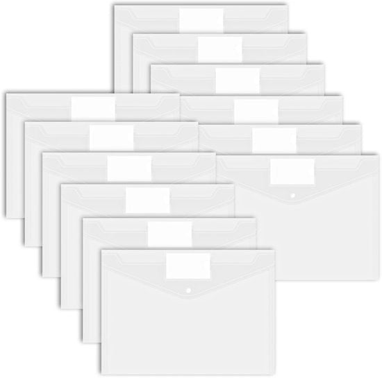 Pacco con 12 borse per documenti A4, borse per documenti A4 impermeabili con spazi per etichette, borse trasparenti per l'organizzazione dei documenti, carta, articoli da ufficio, compiti, ufficio scolastico, viaggi (trasparente)