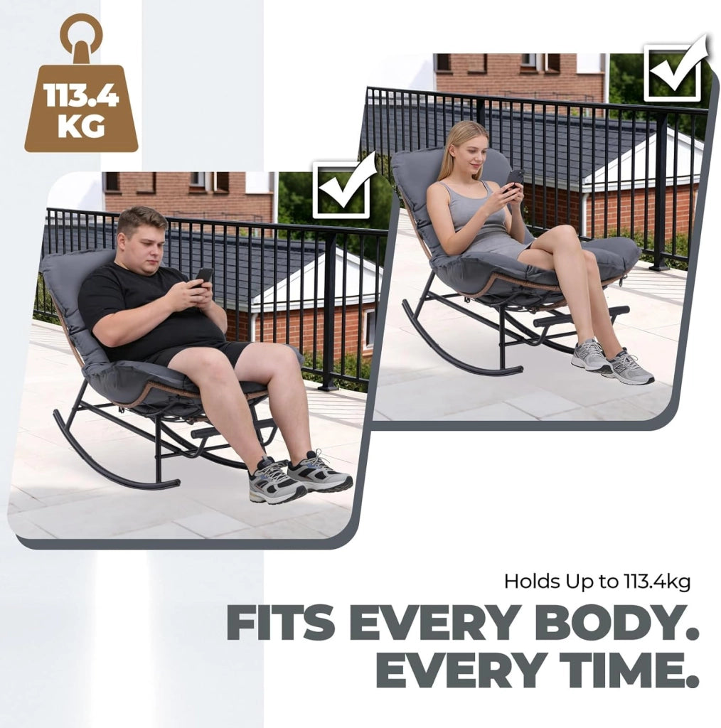 Sedia a dondolo, poltrona relax, struttura in acciaio, poggiapiedi estraibile, portata fino a 136 kg, per dormire, soggiorno, terrazza, giardino, grigio