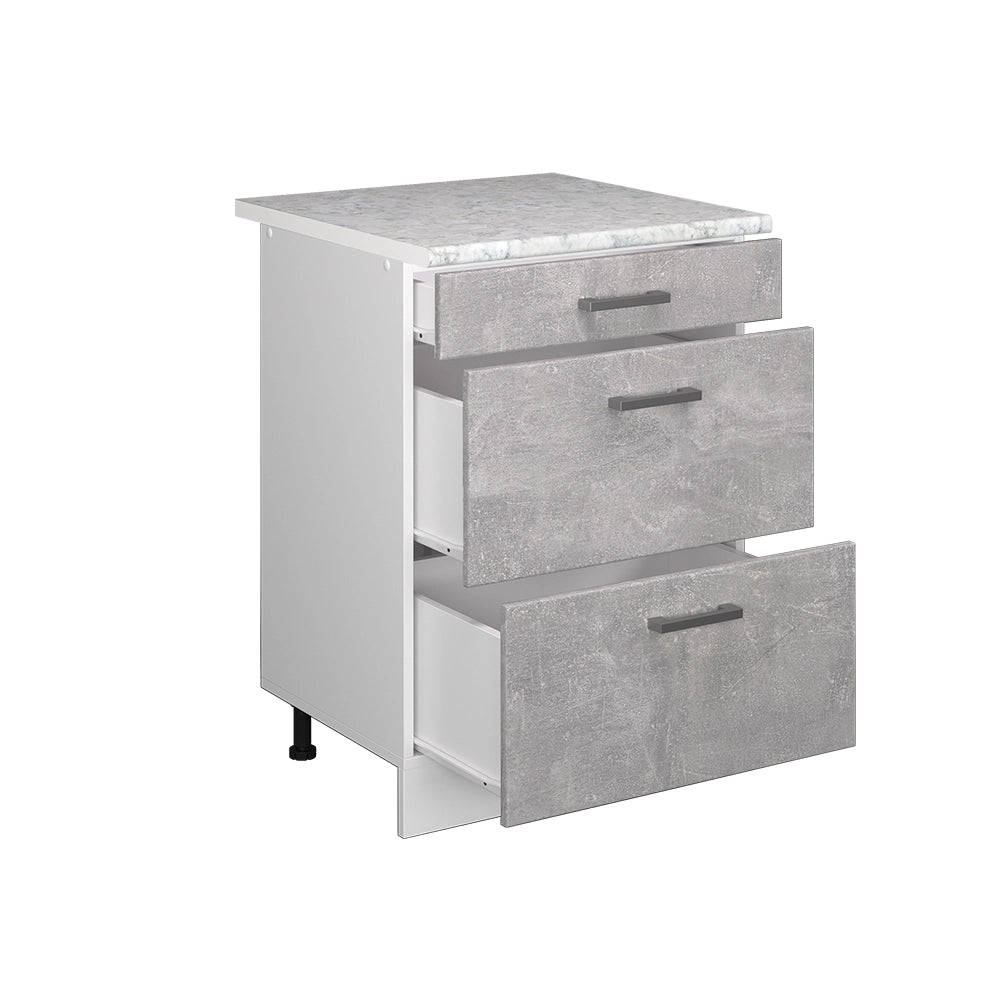 Mobiletto base per cucina R-Line Calcestruzzo/Bianco 60 cm con cassetti PL Marmo Vicco