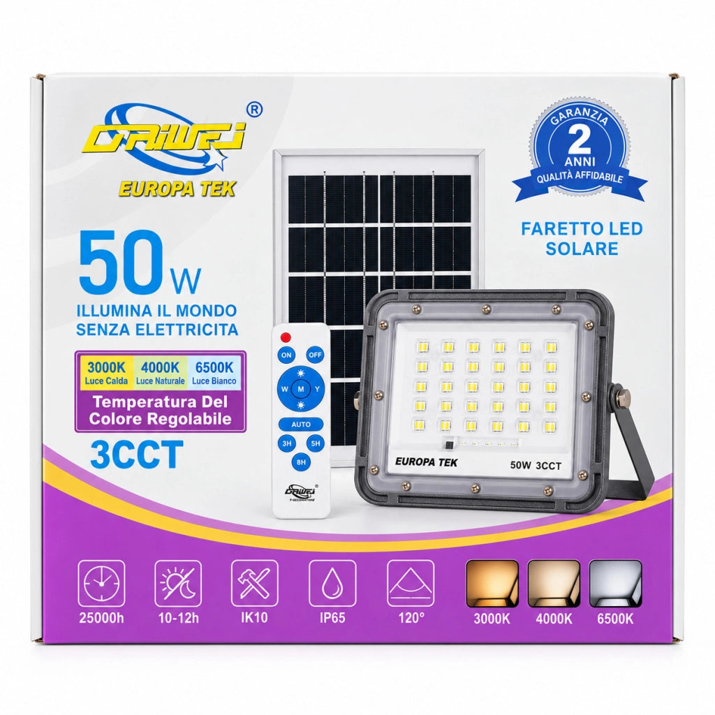 FARO LED SOLARE 50W ESTERNO 3CCT TELECOMANDO IP65 PANNELLO LUCE 120° ET-31772