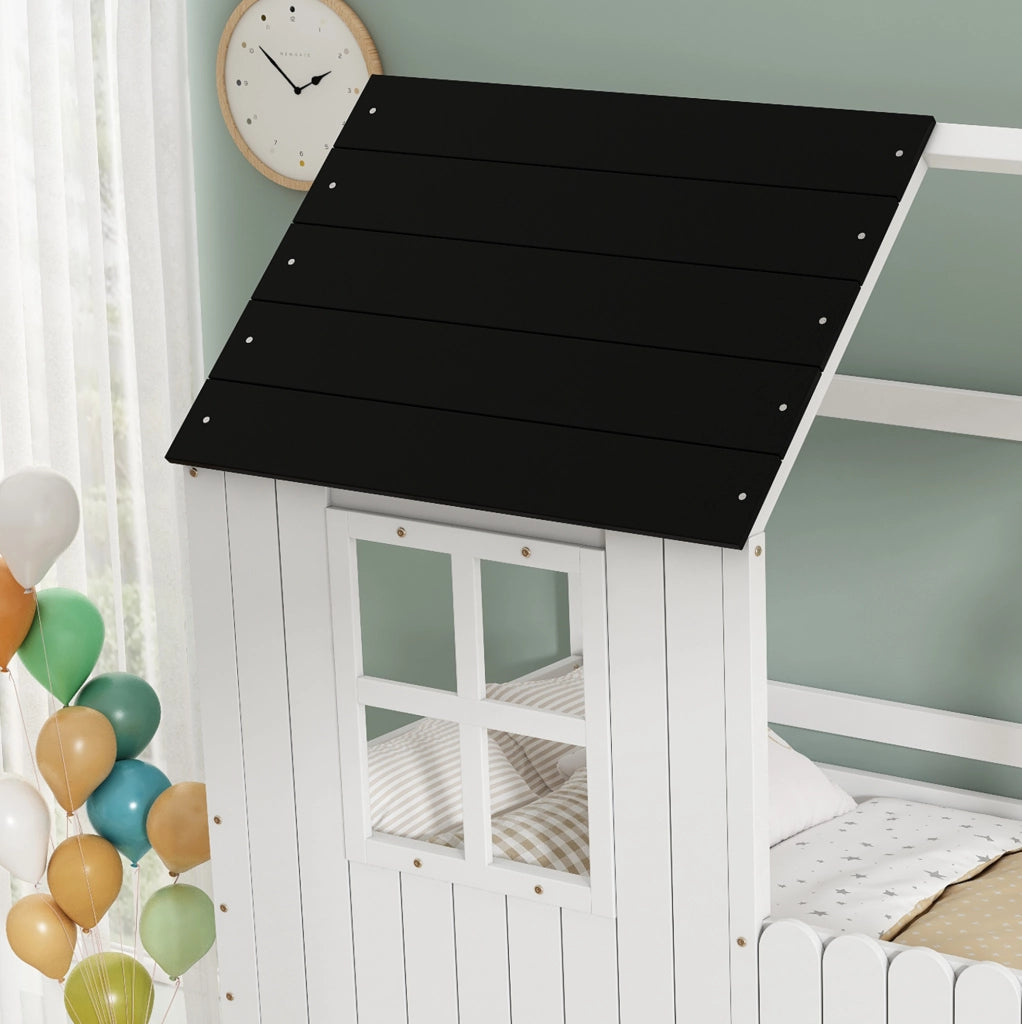 Letto a soppalco per bambini a casetta con scala 3 gradini; 90x200 cm; pino e MDF; bianco e nero