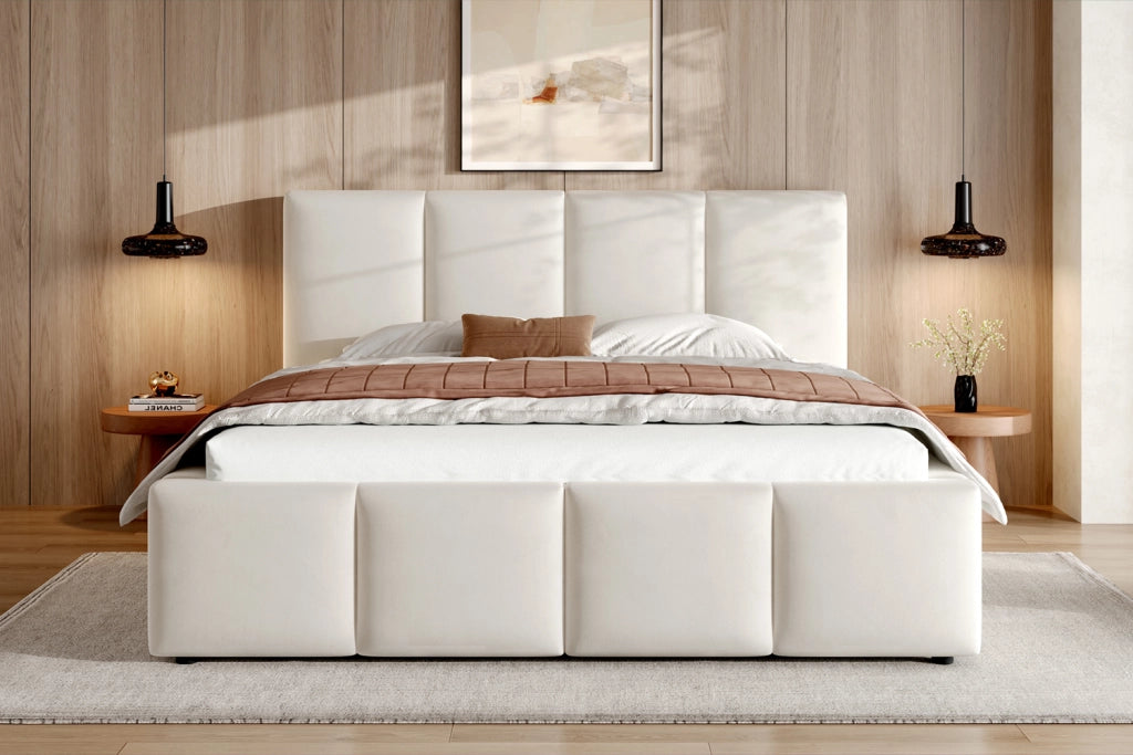 Letto per adulti 180 × 200 cm con testiera imbottita, rete inclusa, senza materasso, beige