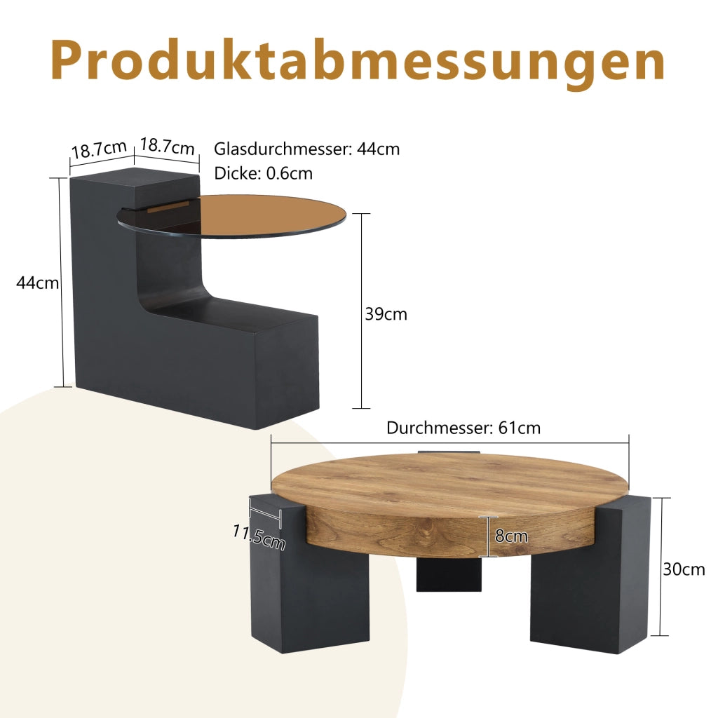 TAVOLINO DA SALOTTO Rotondo 2 piani 61 cm Vetro/MDF Nero-Legno Set 2 pezzi