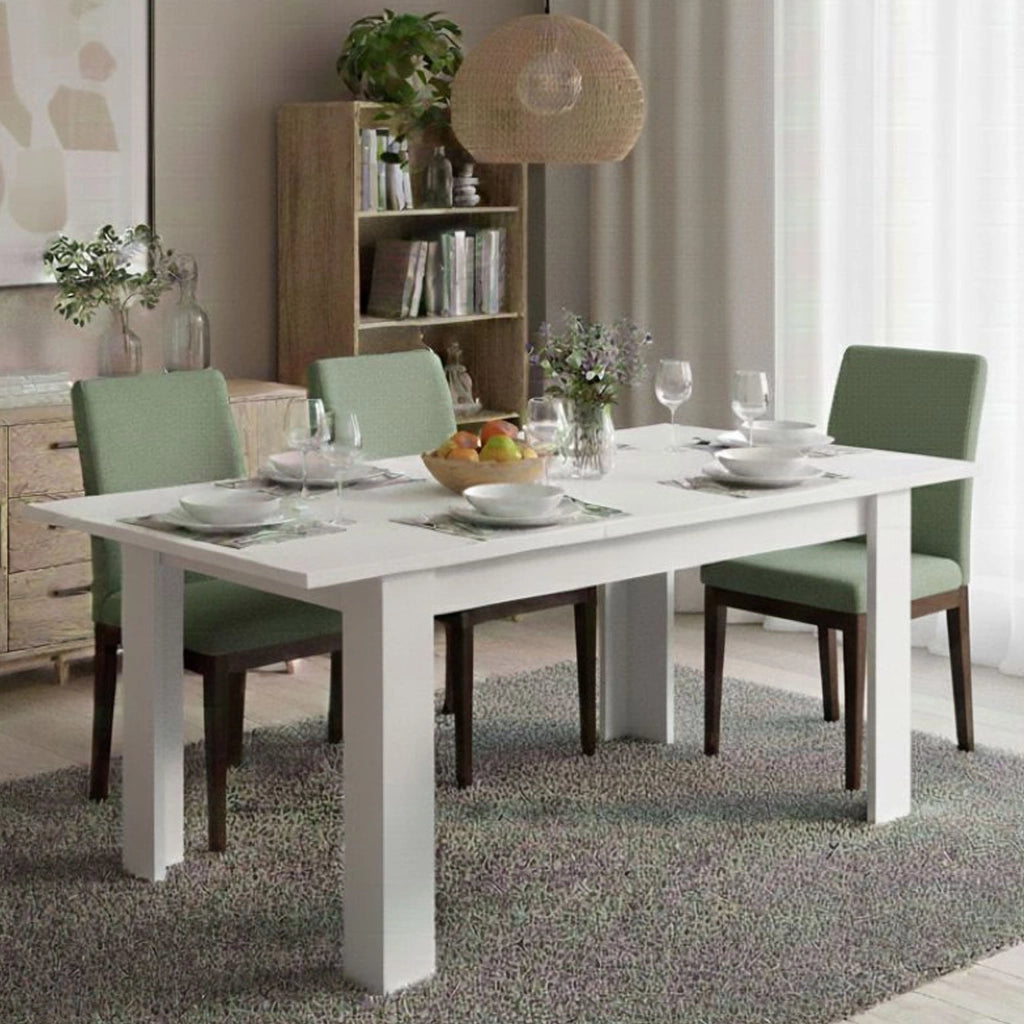 Tavolo allungabile Abudula, Tavolo per sala da pranzo allungabile, Tavolo da pranzo estensibile con allunga, cm 140/190x90h78, Bianco