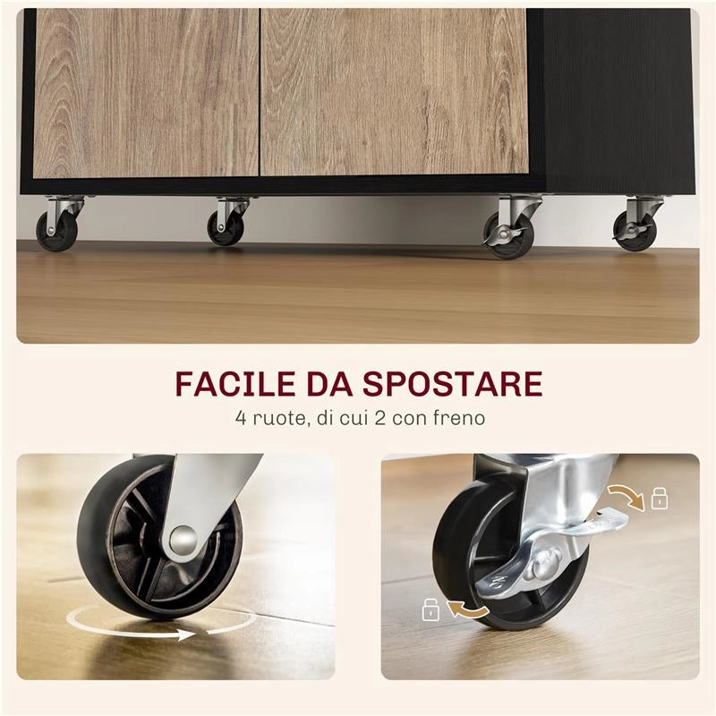 CARRELLO DA CUCINA CON CASSETTO, ARMADIETTO E 4 RUOTE IN LEGNO, 60X40X77CM, NERO