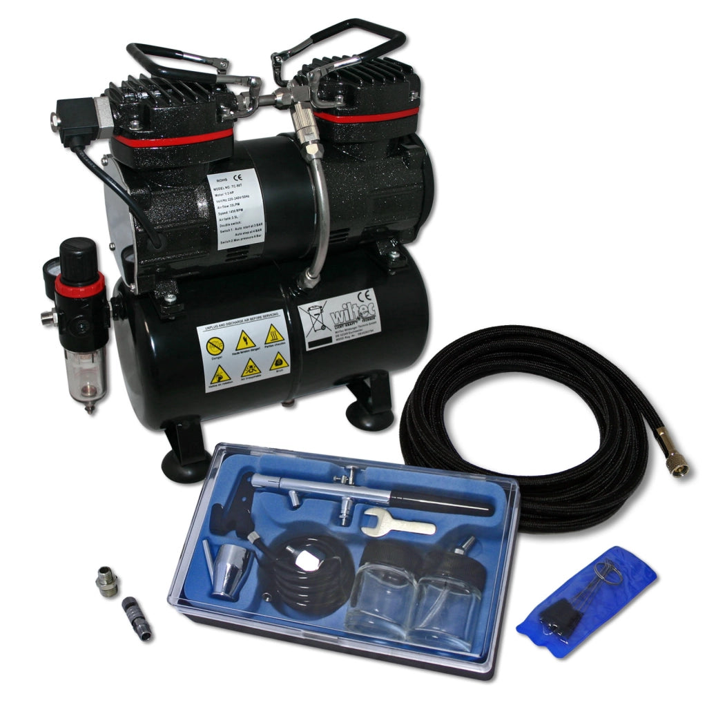 Set aerografia Compressore oil free AS196, Aerografo doppia azione, Accessori con tubo e raccordi
