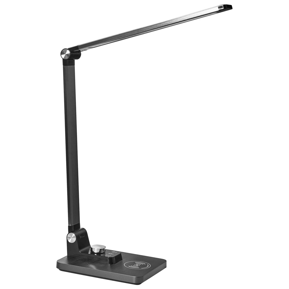 Lampada da scrivania moderna per ufficio domestico 3 modalità di temperatura Dimmer continuo Caricatore wireless Alluminio Materiale sintetico Nero