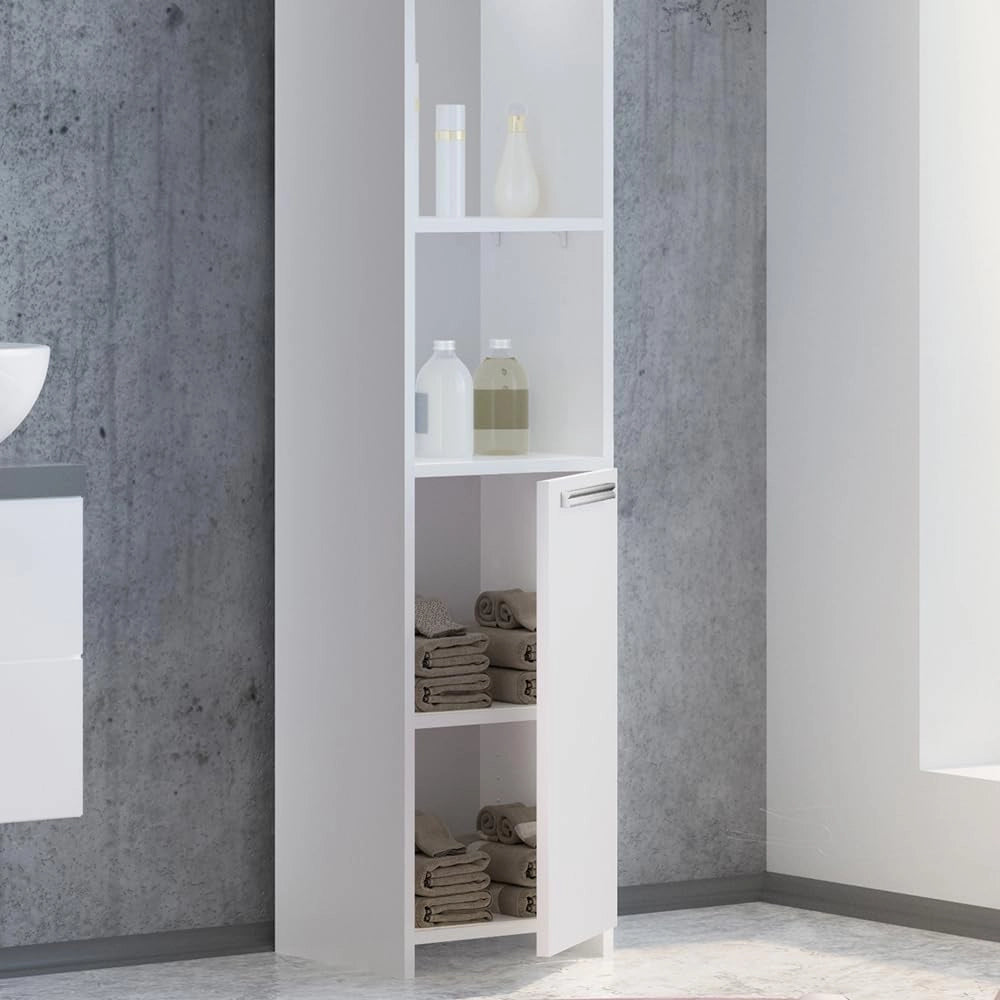 Mobile bagno alto Kiko, Bianco, 30 x 190 cm, per la conservazione di accessori da bagno e compatibile con Kiko