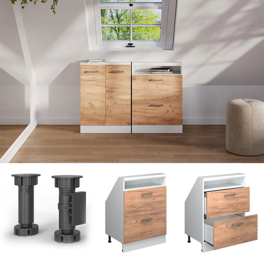 Mobile cucina sottotetto R-Line Rovere dorato/Bianco 60 cm con 2 cassetti Vicco