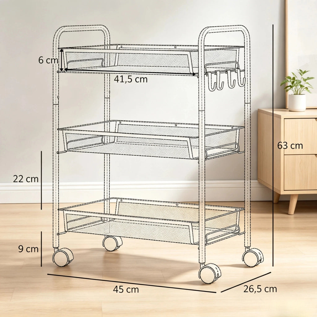 CARRELLO A 3 RIPIANI 45x26,5x63 cm Acciaio Nero con 4 ruote bloccabili