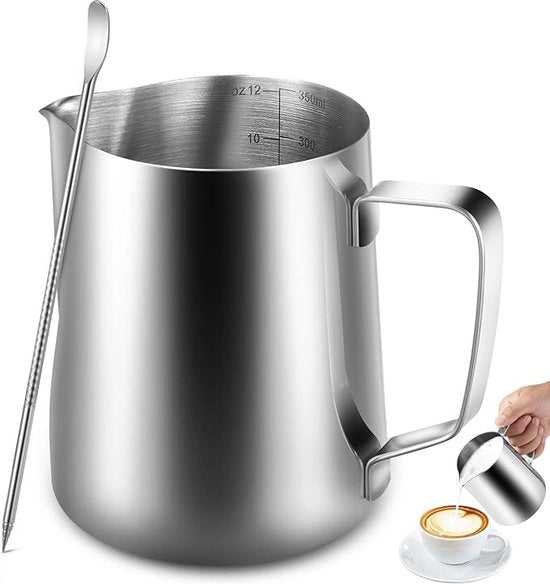 Bottiglia di latte in acciaio inossidabile, 350ml, ideale per cappuccino, macchina per il latte, argento