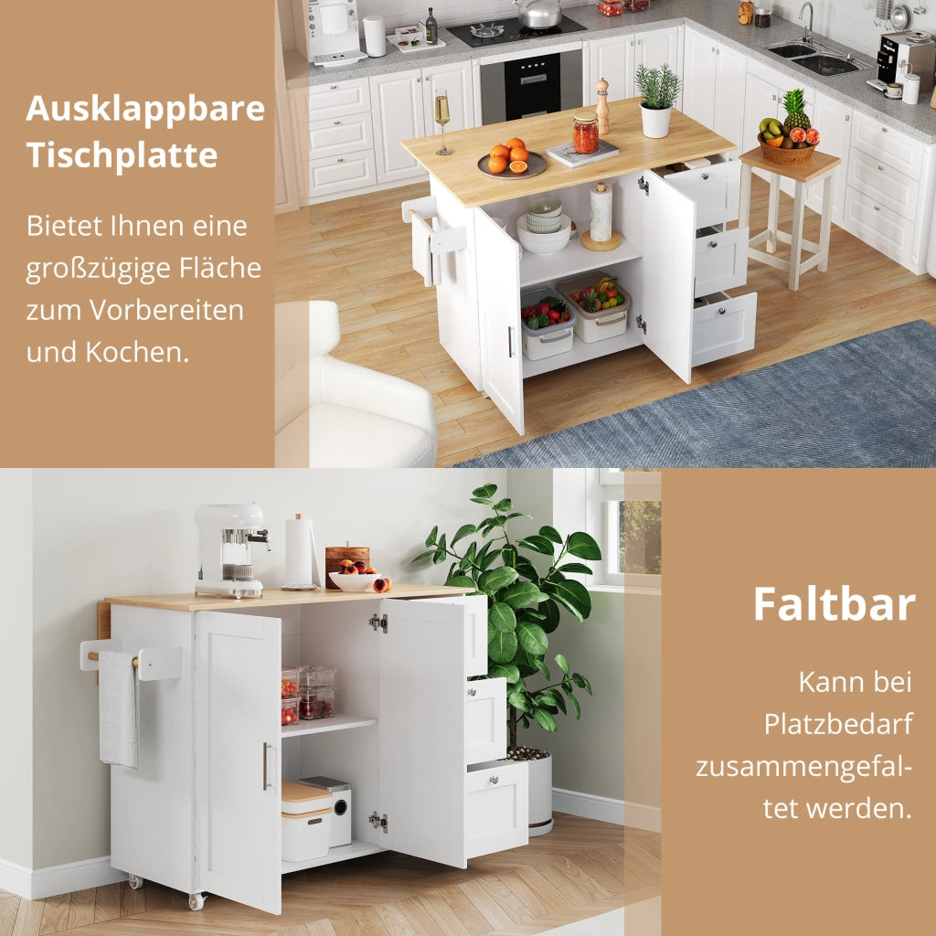 Carrello da cucina con 2 ante; 3 cassetti; piano ribaltabile; portaasciugamani e 5 ruote; in MDF; 135x70x90 cm