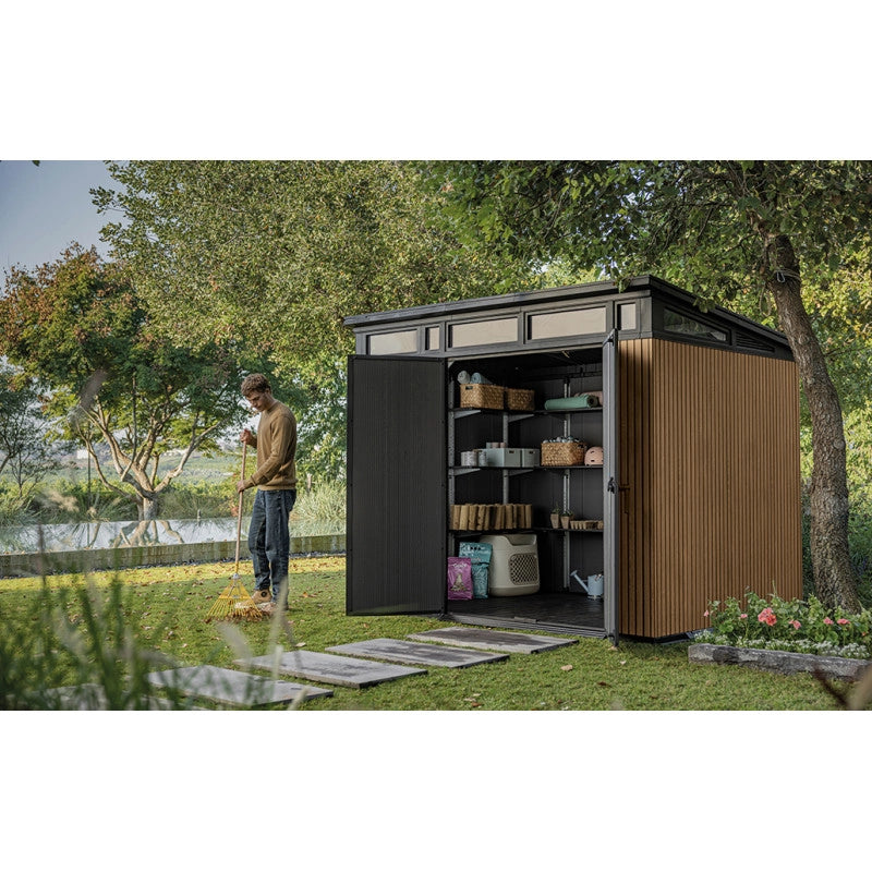 Casetta da giardino in resina effetto legno EVOTECH+ 279x218 cm - pavimento e doppia porta - carico neve 150 kg/m² – Pent 9x7 Signature Venetian - Keter