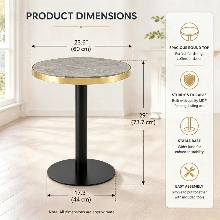 Tavolino rotondo da salotto in MDF e metallo, effetto marmo grigio, Ø 60 cm, h 73,7 cm