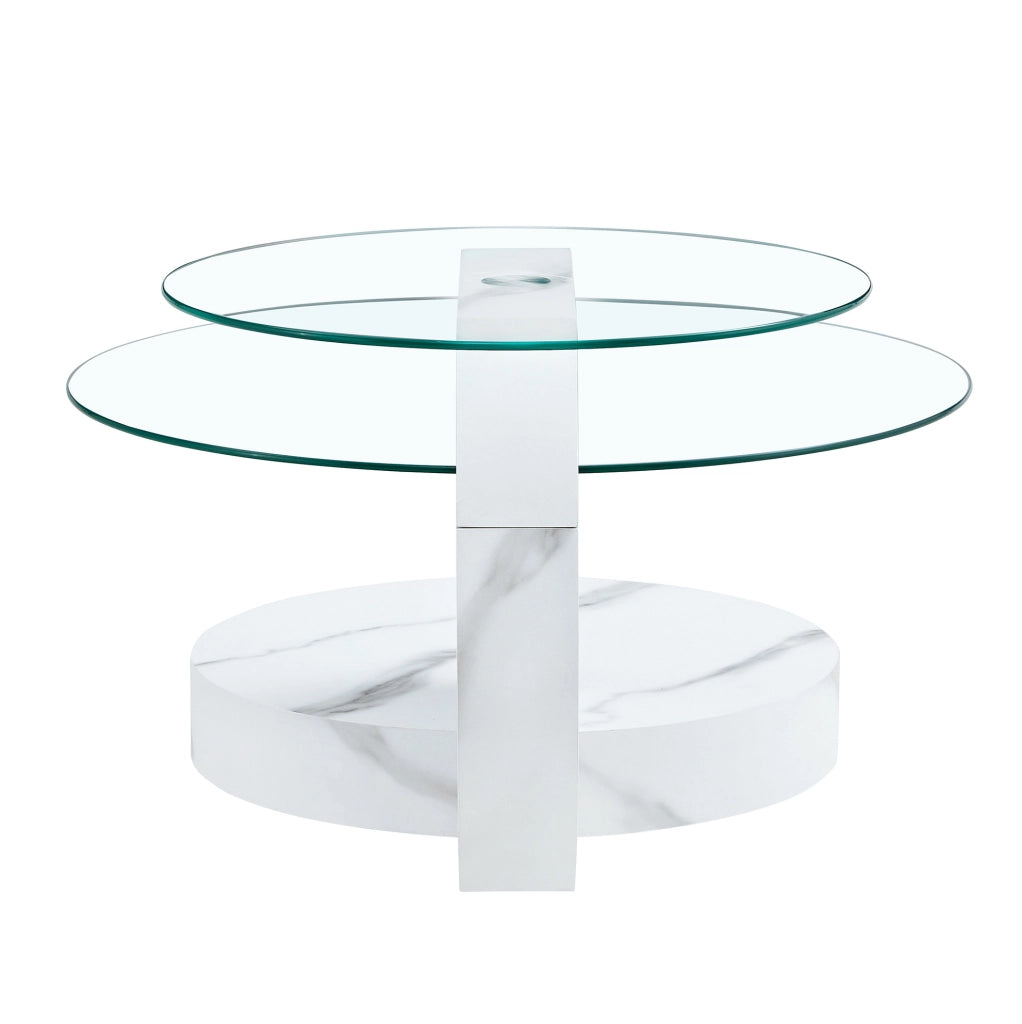 Tavolino da caffè 78.51x78.99x24.51 cm a due livelli con piano in vetro di sicurezza in MDF bianco