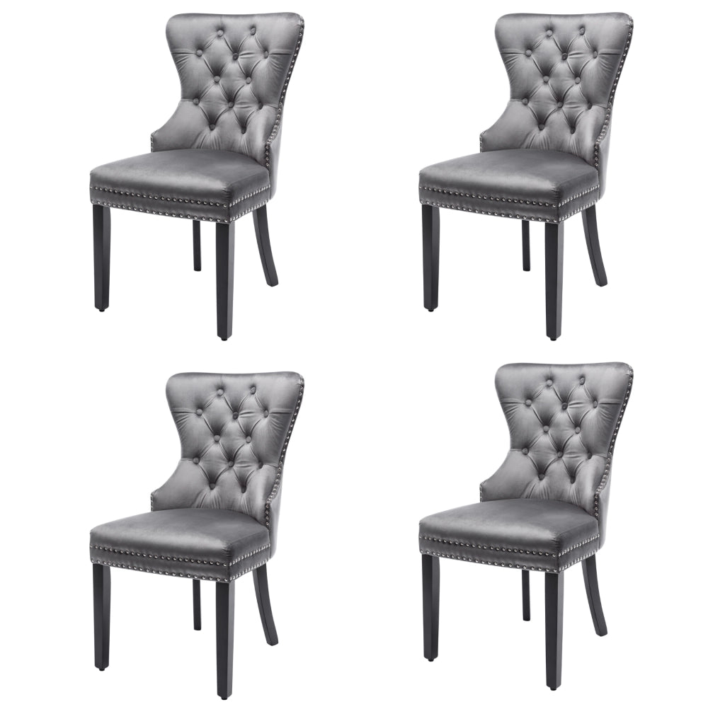 Set di 4 sedie da pranzo imbottite con schienale curvo; in velluto grigio