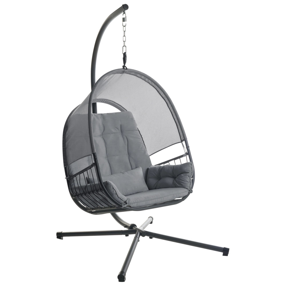 Sedia a dondolo sospesa Grigio scuro Supporto metallico in corda Cuscino morbido per seduta Boho Rustico Soggiorno Terrazza