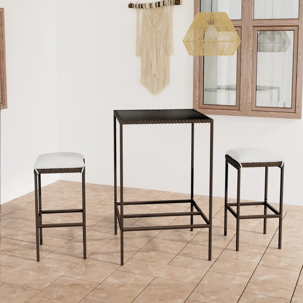 Set Bar da Giardino 3 pz | Set Salotto da Giardino con Cuscini Polyrattan Marrone