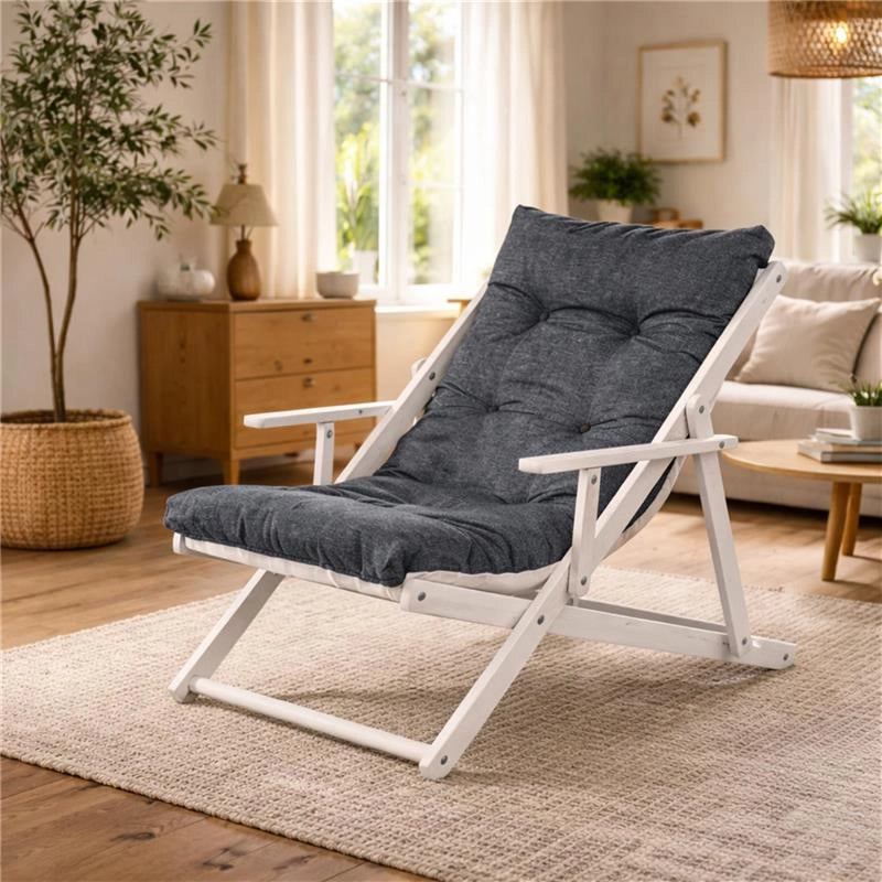POLTRONA RELAX COMODONA IN LEGNO TELAIO BIANCO ANILINA E TESSUTO BLU JEANS 3 POSIZIONI