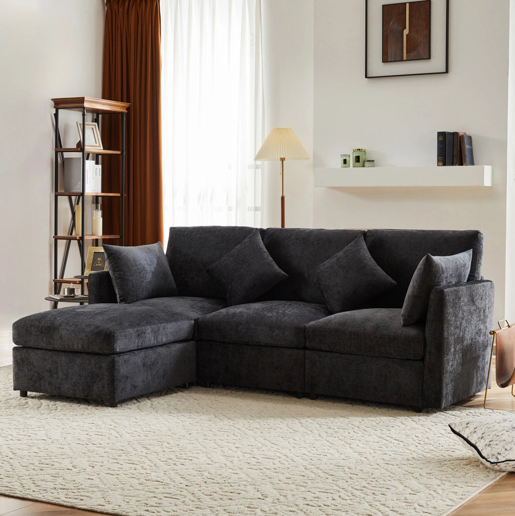 Divano modulare angolare a L con pouf mobile e 4 cuscini in ciniglia, grigio
