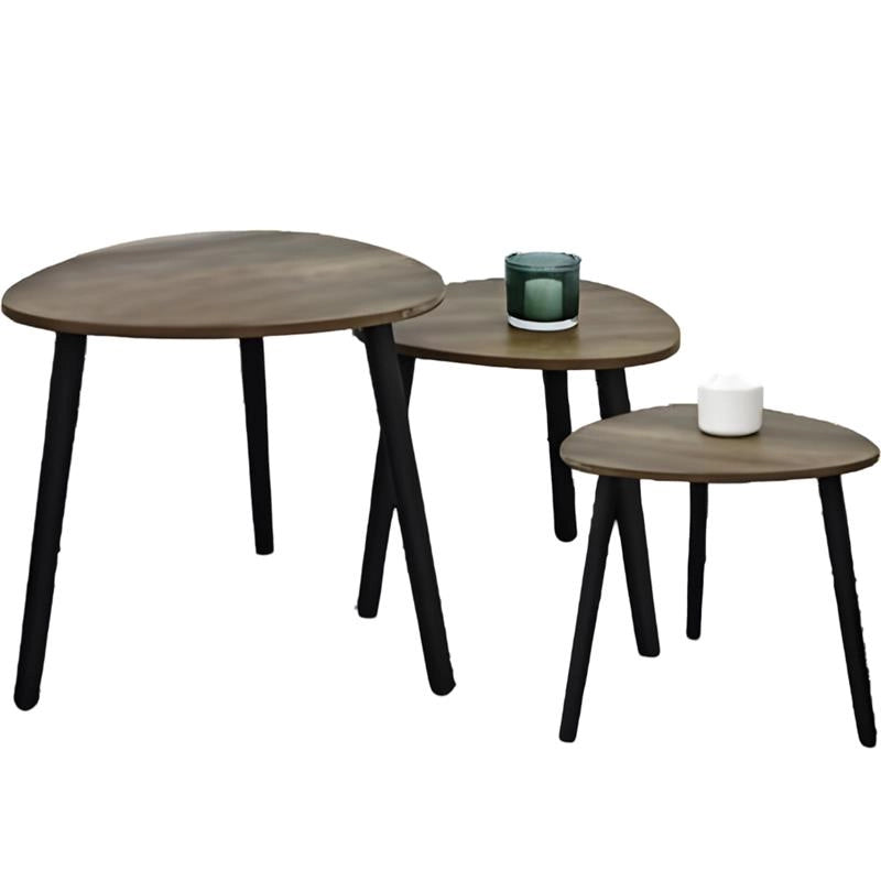 SET DI TRE TAVOLINI CON PIEDI IN LEGNO SCURO CON TOP IN MDF EFFETTO LEGNO SCUROMISURE: 39X32CM, 48X38CM, 59X49CM