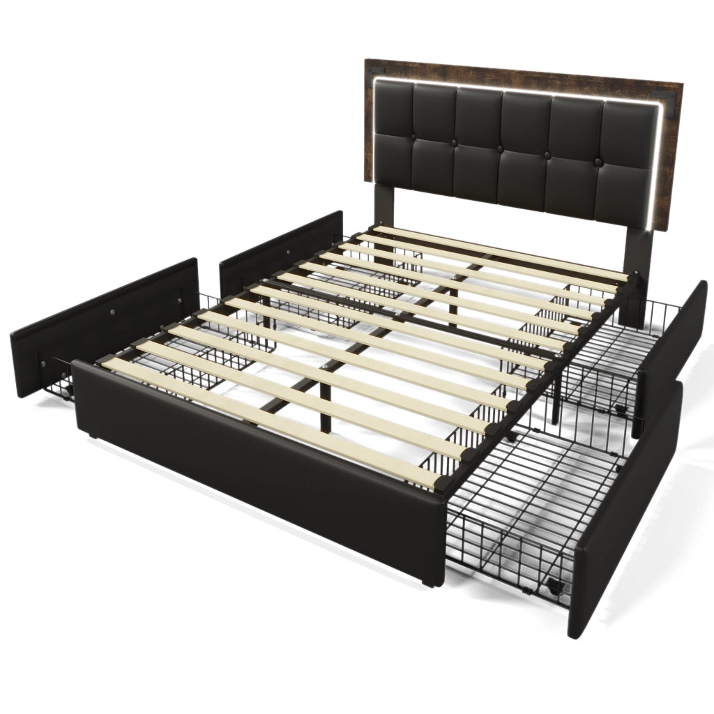 Letto Imbottito Matrimoniale con LED e 4 Cassetti ¨C MINIMAL ¨C Testiera Regolabile, Similpelle Nero, 160x200