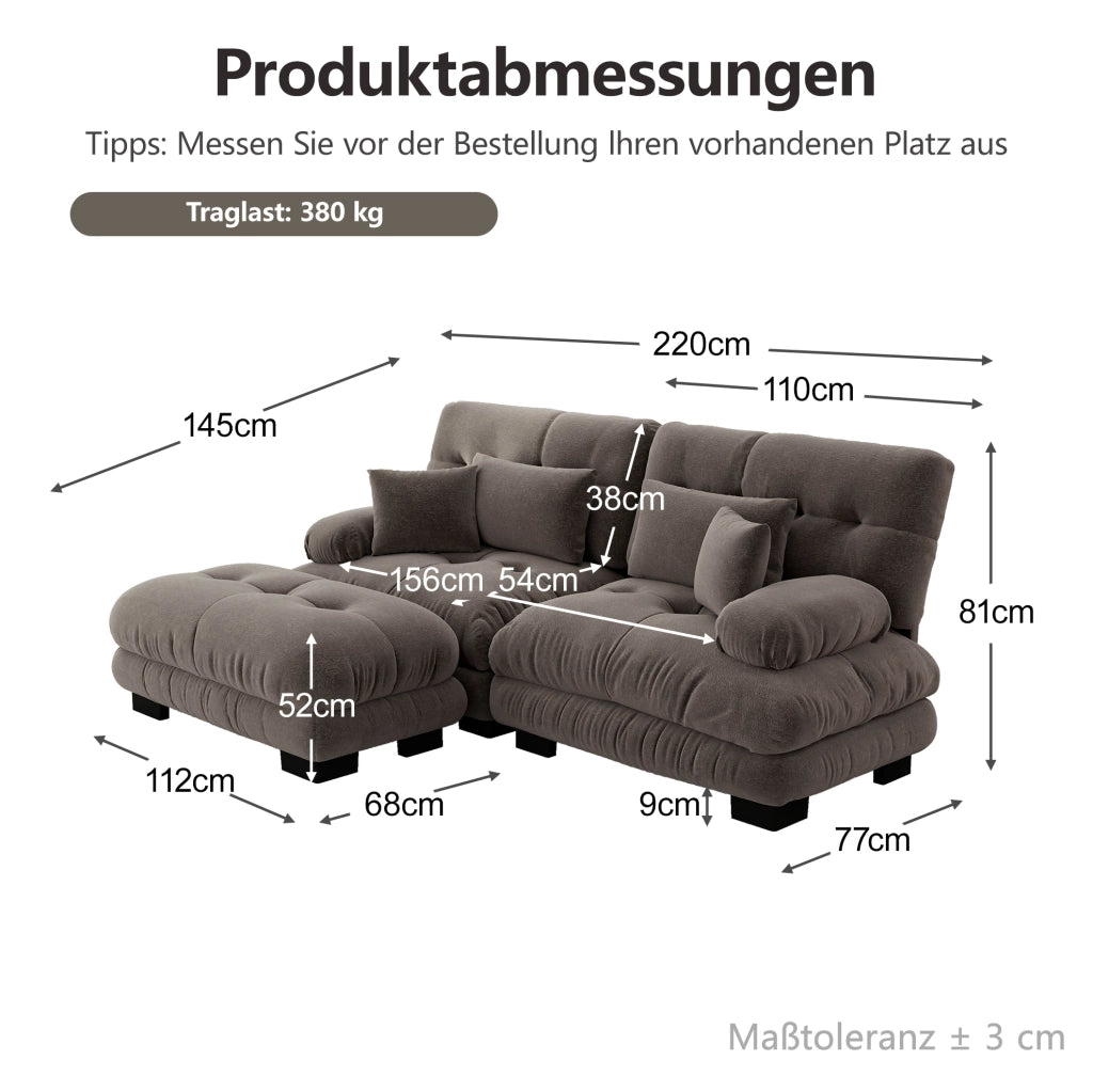 Divano modulare in chenille marrone con ottoman mobili; cuscini lombari e decorativi