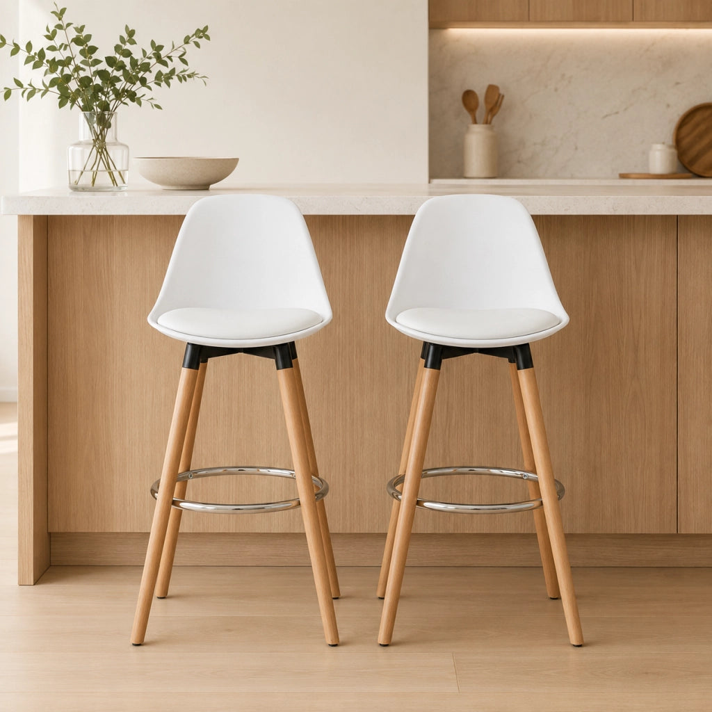 Set di 2 sgabelli da bar 38.5x42.5x91 cm con schienale e poggiapiedi in pelle rigenerata bianco