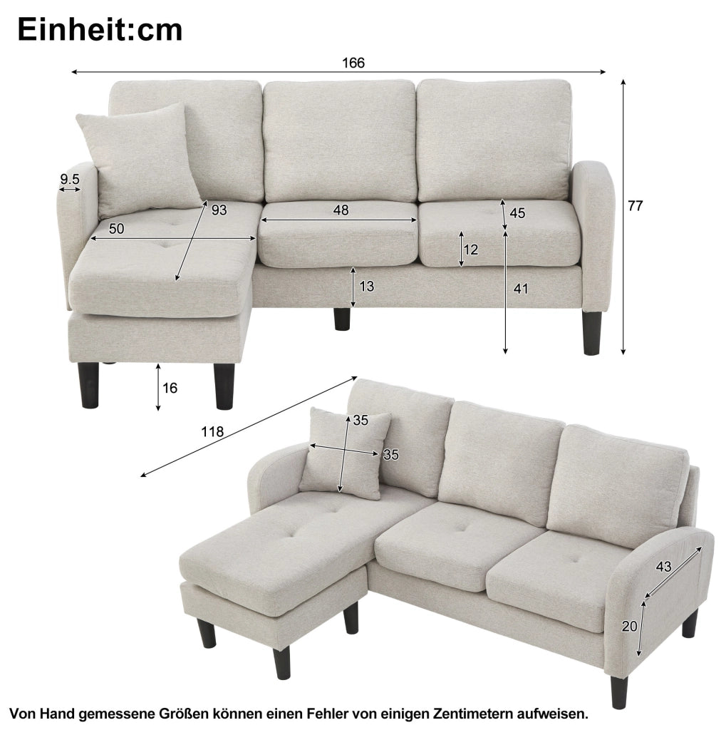 Divano angolare modulare 166x118x77 cm con chaise longue reversibile; imbottitura in schiuma; beige grigio e bianco