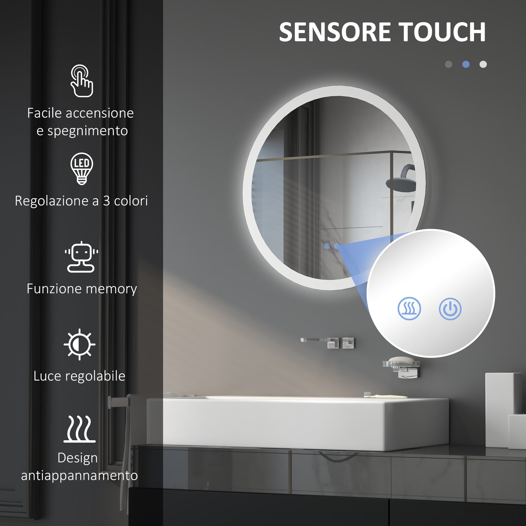 Specchio Bagno con Luci LED 3 Tonalità Ø60 cm Controllo Touch e Design Antiappannamento
