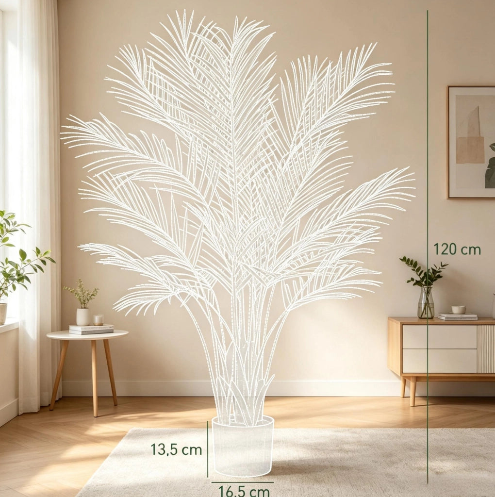 Pianta artificiale palmare verde 120 cm con vaso in tessuto e base in cemento per interni