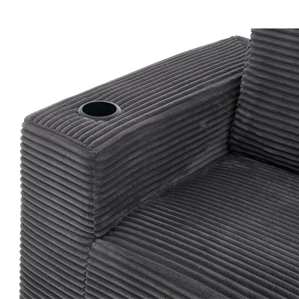 Divano lineare compatto con 3 cuscini e doppi portabicchieri in poliestere grigio scuro per piccoli spazi 265 × 176 × 60 cm