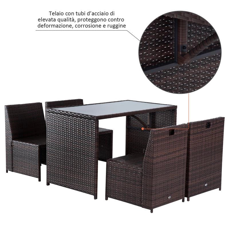 SET MOBILI DA GIARDINO IN RATTAN 5PZ TAVOLO PRANZO 4 SEDIE CON CUSCINI